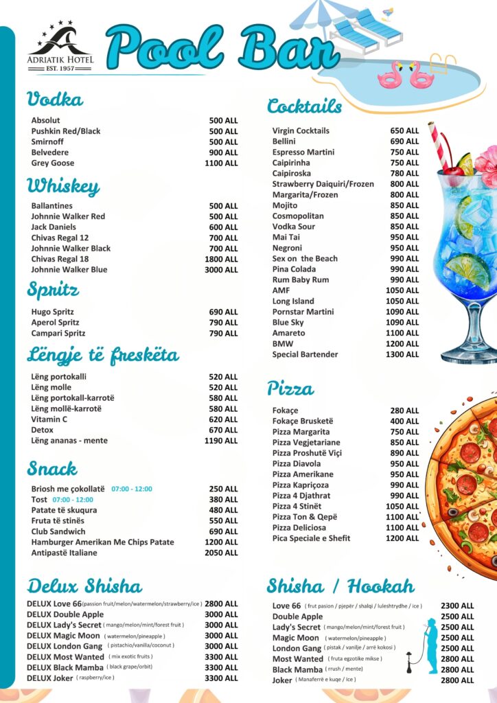 Menu Pool Bar Hotel Adriatik Durres